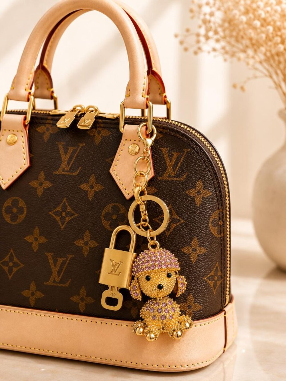 Authentic LV Gold Padlock 🔒Gold Rhinestone Poodle Dog Bag Charm Keychain